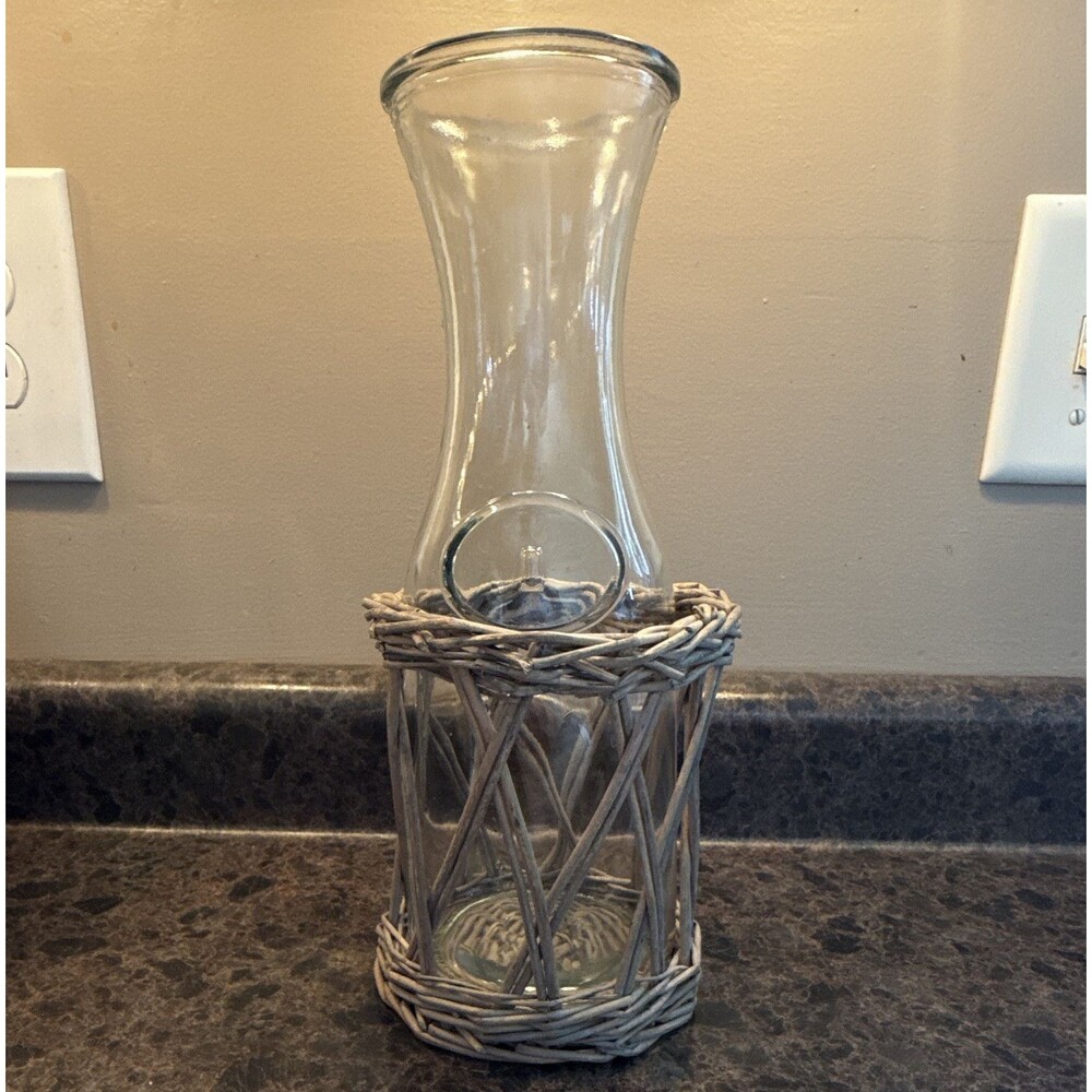 Clear Glass Flower Vase with Gray Wicker Basket Holder, Freestanding Decor